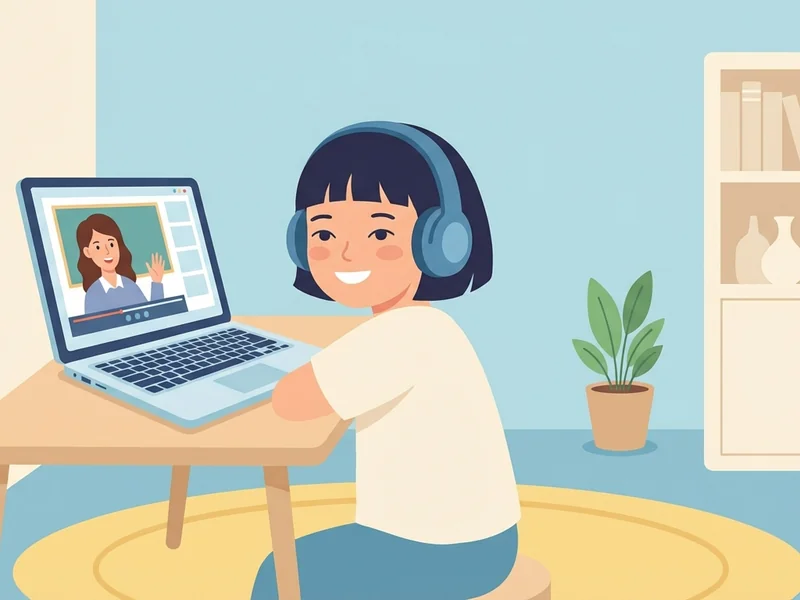 집에서 화상영어 수업받는 어린이