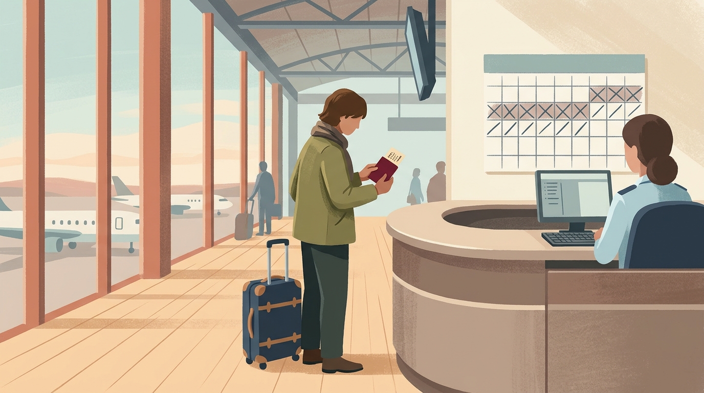 공항 체크인 카운터 앞에서 여권과 문장 카드 한 장을 들고 차례를 기다리는 여행자와 달력에 표시된 D-14 일정